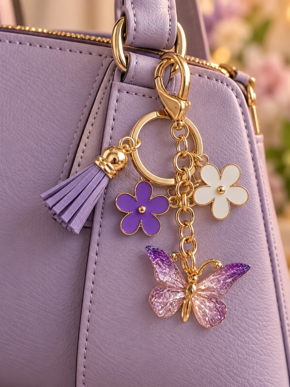 Brand New Purple Butterfly & Flower Purse Bag Charm Keychain Gold Tone New